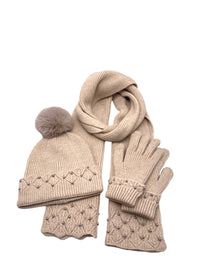 Ensemble bonnet, gants, écharpe THEO beige