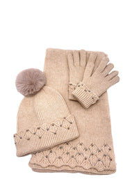 Ensemble bonnet, gants, écharpe THEO beige